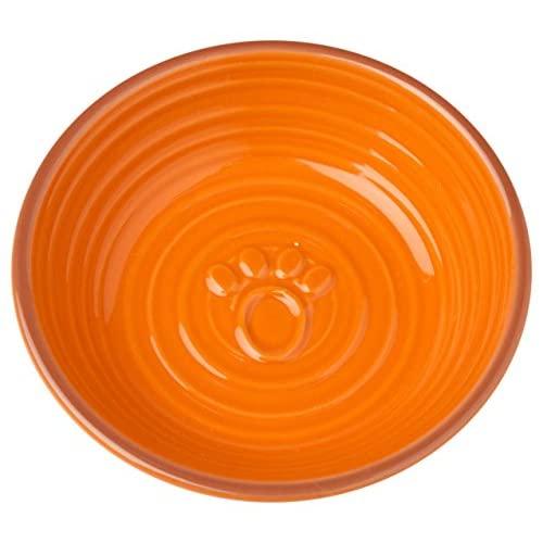 PetRageous 13043 Key West Embossed Paw Stoneware Saucer 5-Inch Diameter and 1.25-Inch Tall Saucer with 6-Ounce Capacity and Dishwasher and Microwave Safe for Small Dogs and Cats, Orange
