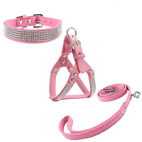 Newtensina Dog Collar & Harness & Lead Sets Fashion Dog Collar Diamante with Harness & Leashes Comfortable Soft Collar Harness and Leashes Set for Dog - Pink - S
