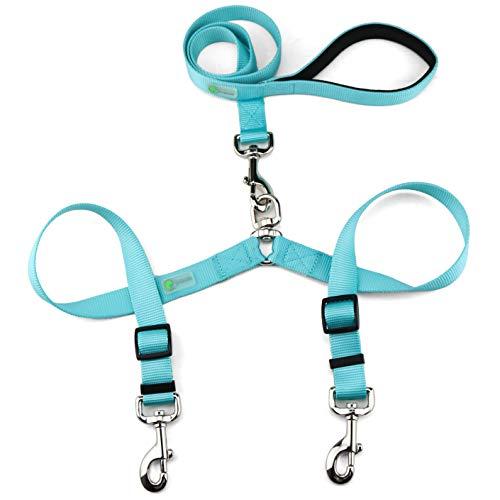 DCBARK Tangle Free Double Dog Leash, No Tangle Adjustable Length Lead with Comfortable Padded Handle for 2 Dogs (L, Turquoise)