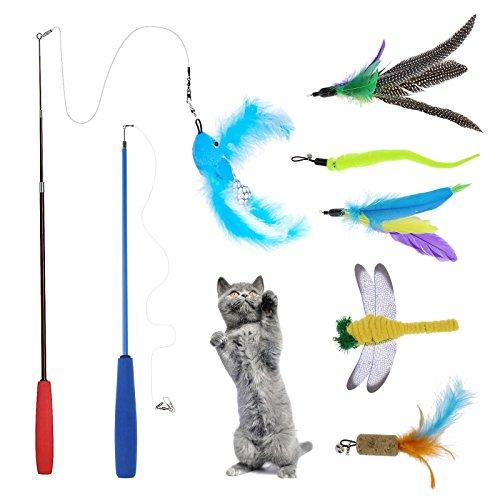 Micro Traders 8pcs Cat Interactive Toys Retractable Feather Wand Pet Kitten Teaser Wands