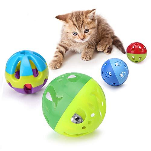 LUCKITTY Cat Plastic Ball Toys 4PCS Sizes Pack Bin Kitten Pet Playing Sets with Jingle Bell 3.8 in, 2.8 in, 1.8 in,1.5 in