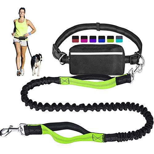 Hands Free Dog Leash for Running Walking Training Hiking, Dual-Handle Reflective Bungee, Poop Bag Dispenser Pouch, Adjustable Waist Belt, Shock Absorbing, Ideal for Medium to Large Dogs (Black/Green)
