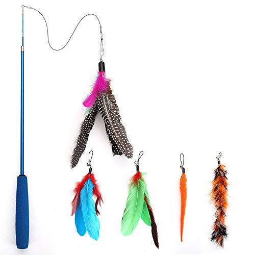 Feather Teaser Cat Toy, Retractable Cat Feather Toy Wand with 5 Assorted Teaser with Bell Refills, Interactive Catcher Teaser for Kitten Or Cat Having Fun Exerciser Playing