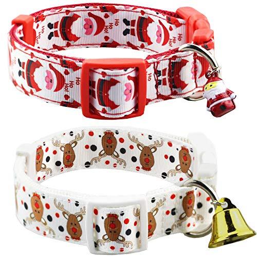 Bolbove Pack of 2 Adjustable Pet Christmas Festive Santa Bell Collars for Dogs Holiday Season (Large, Red Santa + White Reindeer)