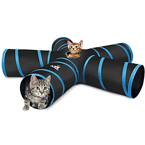 Pawaboo Cat Toys, Cat Tunnel Tube 5 Way Tunnels 25x40cm Extensible Collapsible Cat Play Tent Interactive Toy Maze Cat House with Balls and Bells for Cat Kitten Kitty Rabbit Small Animal, Blue