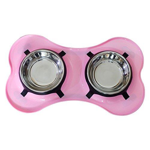 Bone Shaped Plastic Pet Double Diner with Stainless Steel Bowls, Pink and Silver, Pack of 6