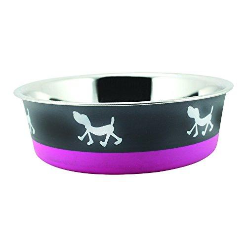 Boomer N Chaser Stainless Steel Pet Bowl with Anti Skid Rubber Base and Dog Design, Pink and Gray, Pack of 4