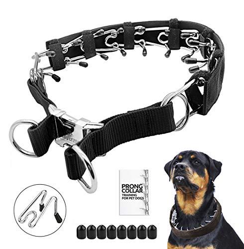 Prong Dog Training Collar with Protector, Steel Chrome Plated Dog Prong Collar, Pinch Collar for Dogs (L-21.6 inch, 16\'\'-20\'\' Neck, Black)