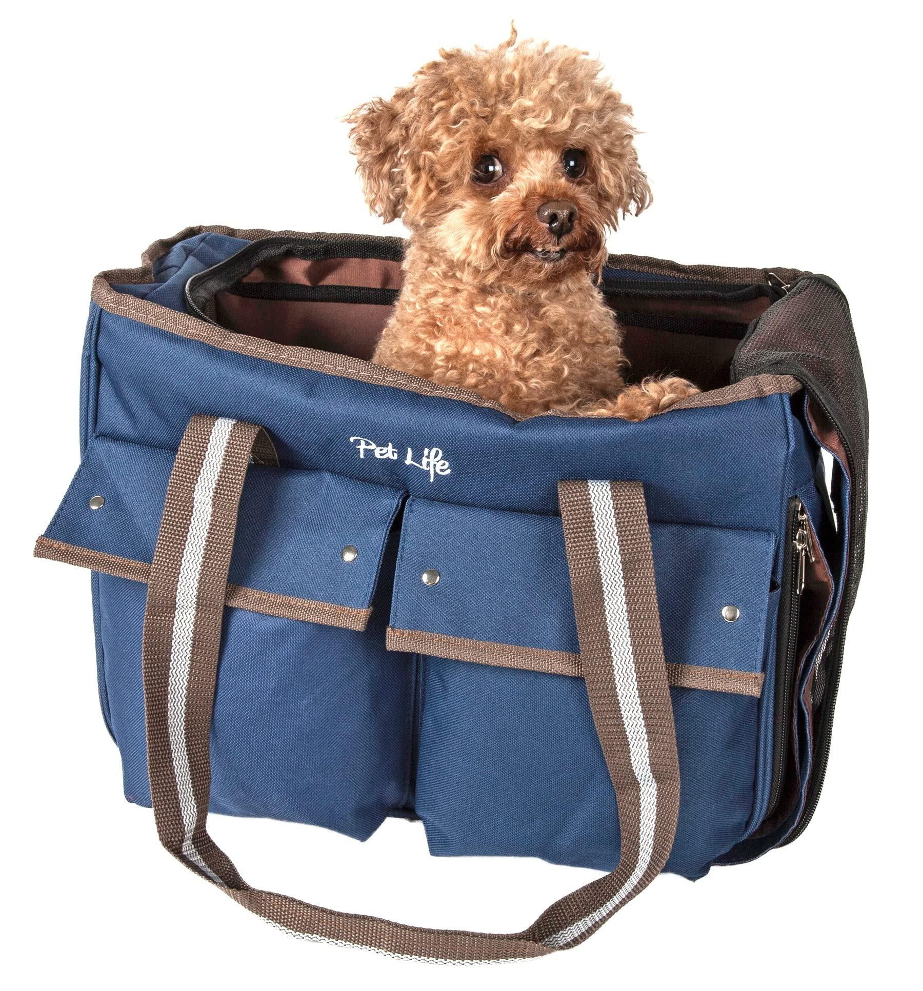 PET LIFE Mult-Pocketed Canvas Fashion Designer Travel Pet Dog Carrier, Medium, Khaki Blue