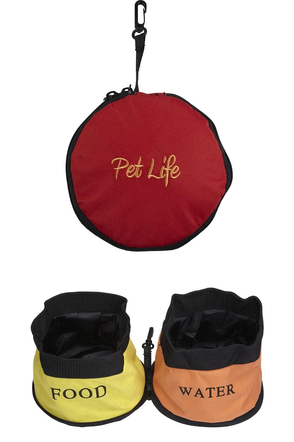 PET LIFE Dual Folding Waterproof Food and Water collapsible Folding Travel Pet cat Dog Bowl Feeder Waterer Fountain, One Size, Yellow, Orange and Red