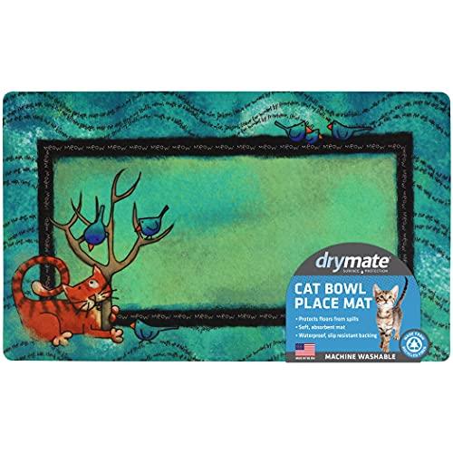 Drymate Cat Bowl Placemat, Pet Food Feeding Mat - Absorbent Fabric, Waterproof Backing, Slip-Resistant - Machine Washable/Durable (USA Made) (12 x 20) (Tree Kitty)
