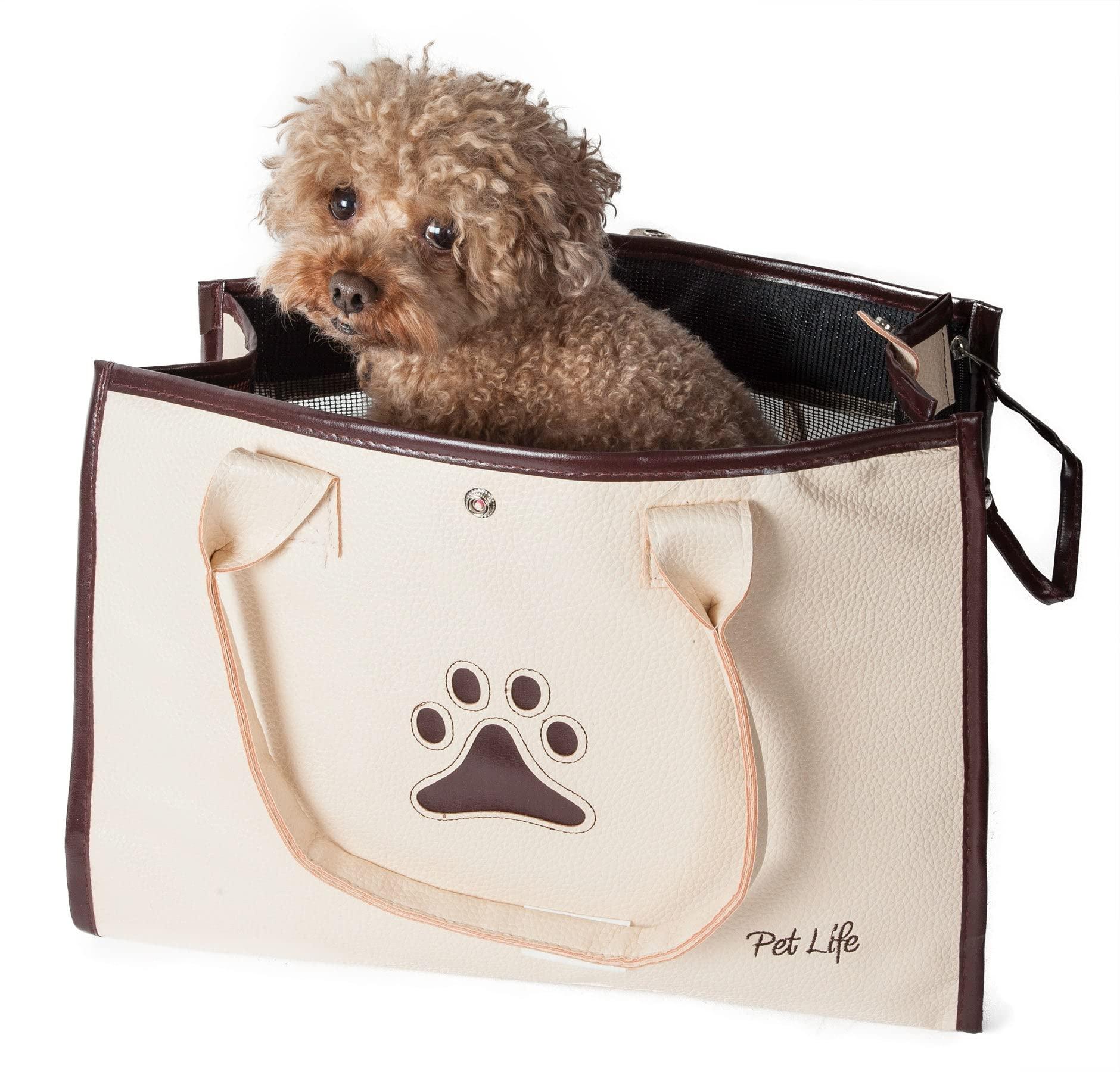 PET LIFE Posh Paw\\\' Designer Fashion Travel Folding Pet Dog Carrier, One Size, White/Brown Paw Print