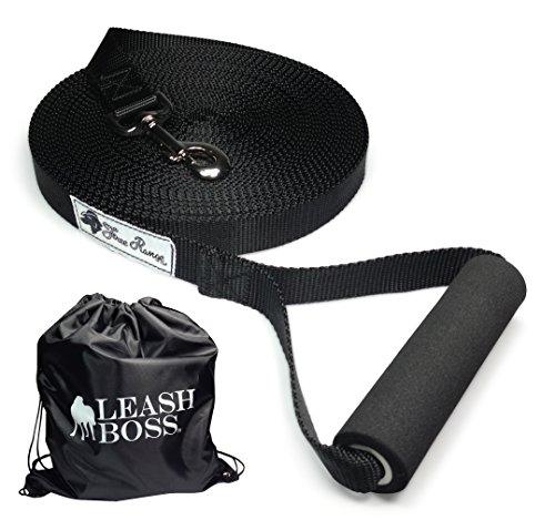 Leashboss Free Range Dog Leash for Large Dogs and Drawstring Backpack - 1 Inch Nylon Training Lead with Padded Handle - Long Lead Leash for Dog Training (50 Foot Black)