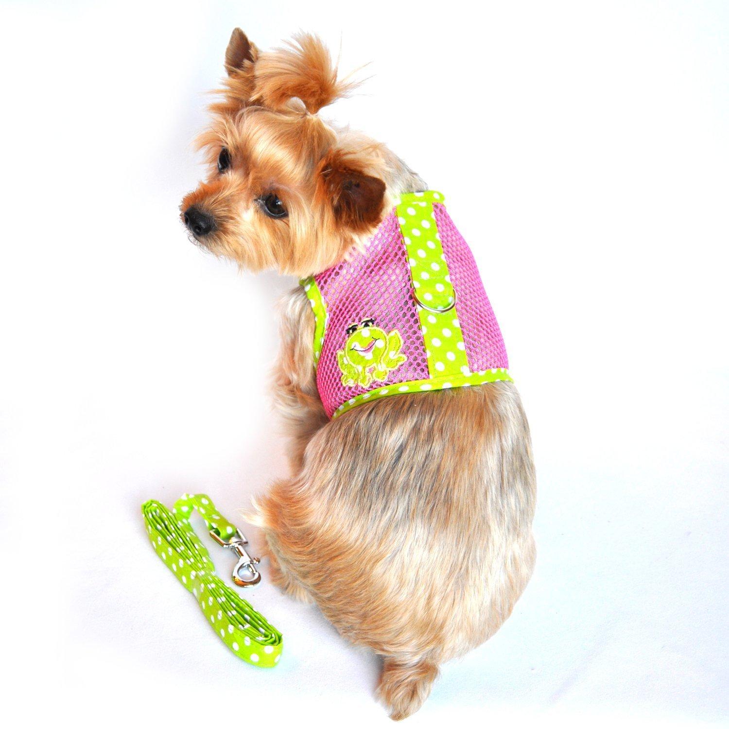 Doggie Design Cool Mesh Harness Under the Sea Collection - Frog Green Dot & Pink XS