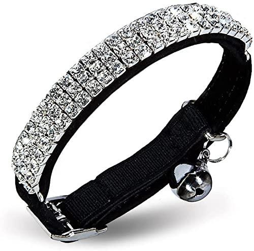 CHUKCHI Soft Velvet Safe Cat Adjustable Collar Bling Diamante with Bells,11 inch for Small Dogs and Cats (Black)