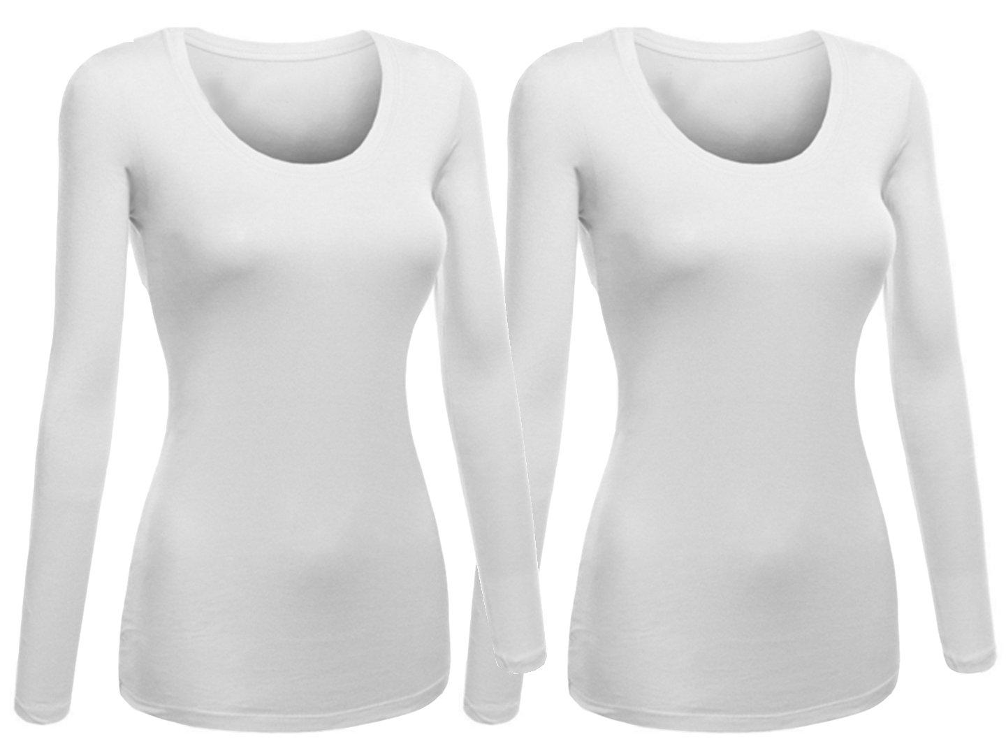 Emmalise Womens Junior and Plus Size Basic Scoop Neck Tshirt Long Sleeve Tee, Medium, 2Pk White, White