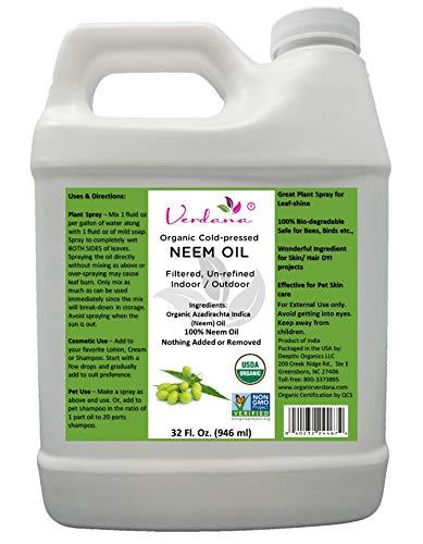 Verdana USDA Organic Cold Pressed Neem Oil 32 Fl. Oz - Non GMO Certified - Unrefined - High Azadirachtin Content - 100% Neem Oil, Nothing Added or Removed - Leafshine, Pet Care, Skin Care, Hair Care