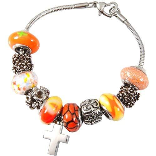 Memorial Gallery Sunset Orange Remembrance Bead Pet Cross Urn Charm Bracelet, 8\\\