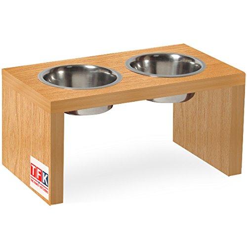 TFKitchen Elevated Pet Feeder in Teak Wood, Double Bowl Raised Stand (1 Quart), 15\\\