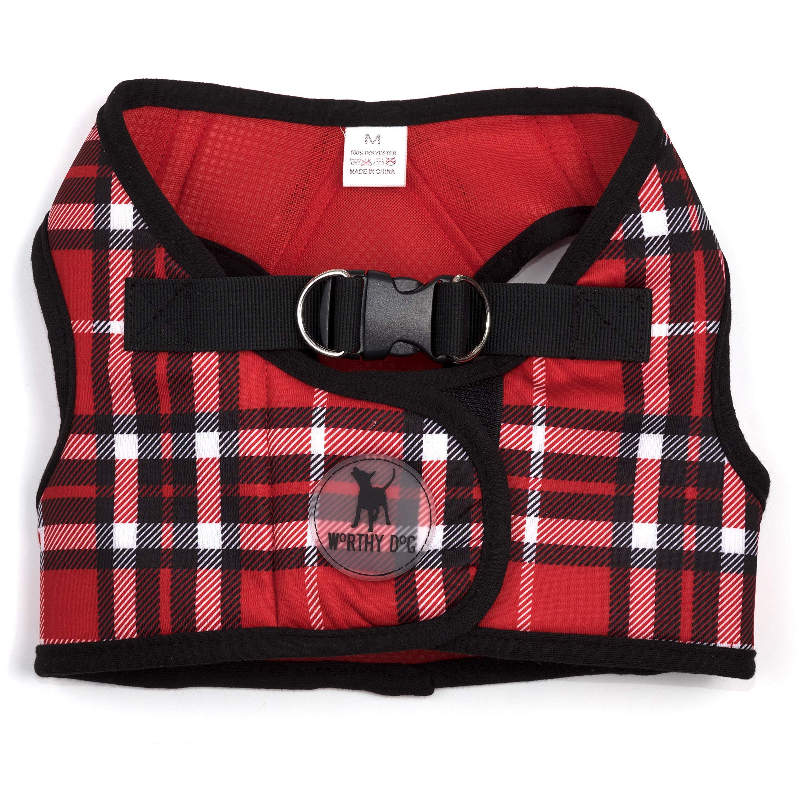 The Worthy Dog Sidekick Padded Harness Red Plaid Pattern With Secure Back Buckle, Adjustable Velcro, and D rings for Leash - Cute, Fashionable, and Comfy Outdoor Walking Vest Accessory - Medium