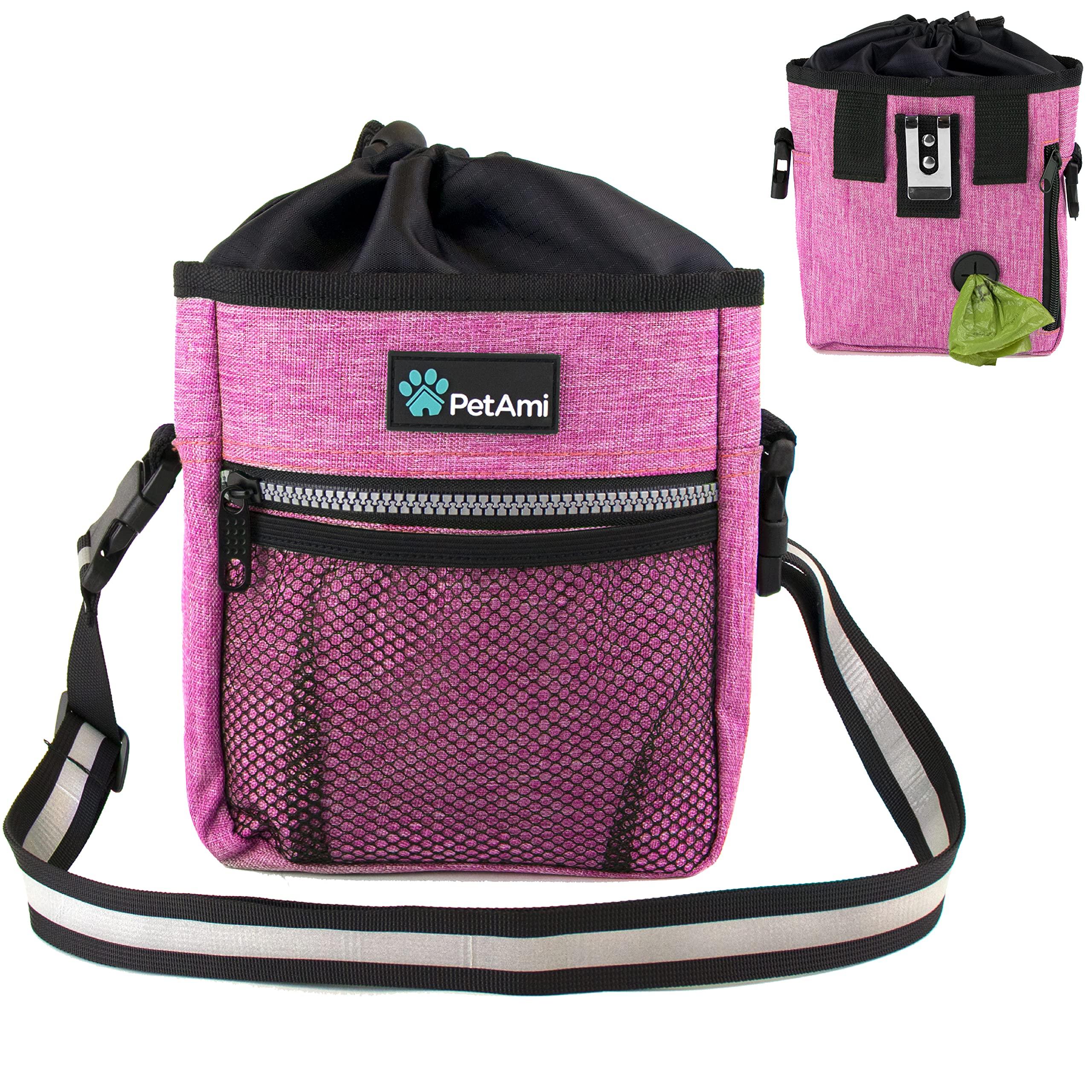 PetAmi Dog Treat Pouch | Dog Training Pouch Bag with Waist Shoulder Strap, Poop Bag Dispenser and Collapsible Bowl | Treat Training Bag for Treats, Kibbles, Pet Toys | 3 Ways to Wear (Pink)
