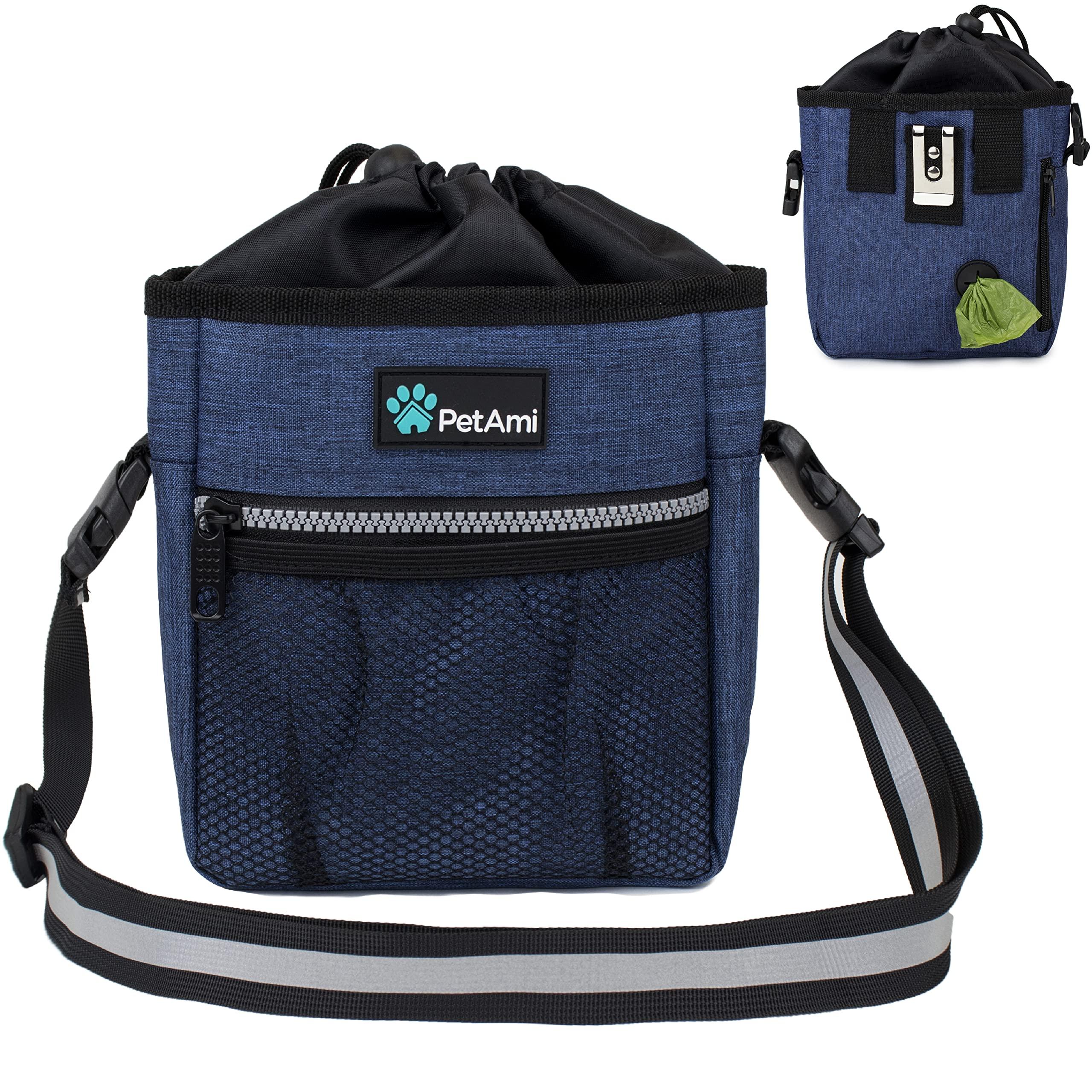 PetAmi Dog Treat Pouch | Dog Training Pouch Bag with Waist Shoulder Strap, Poop Bag Dispenser and Collapsible Bowl | Treat Training Bag for Treats, Kibbles, Pet Toys | 3 Ways to Wear (Heather Navy)