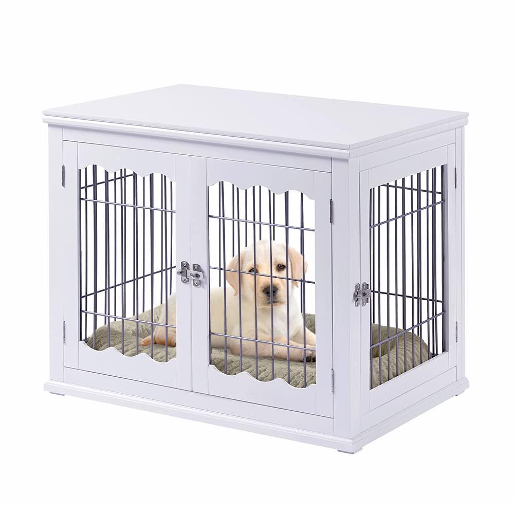unipaws Furniture Style Dog Crate End Table with Cushion, Wooden Wire Pet Kennels with Double Doors, Medium Dog House Indoor Use