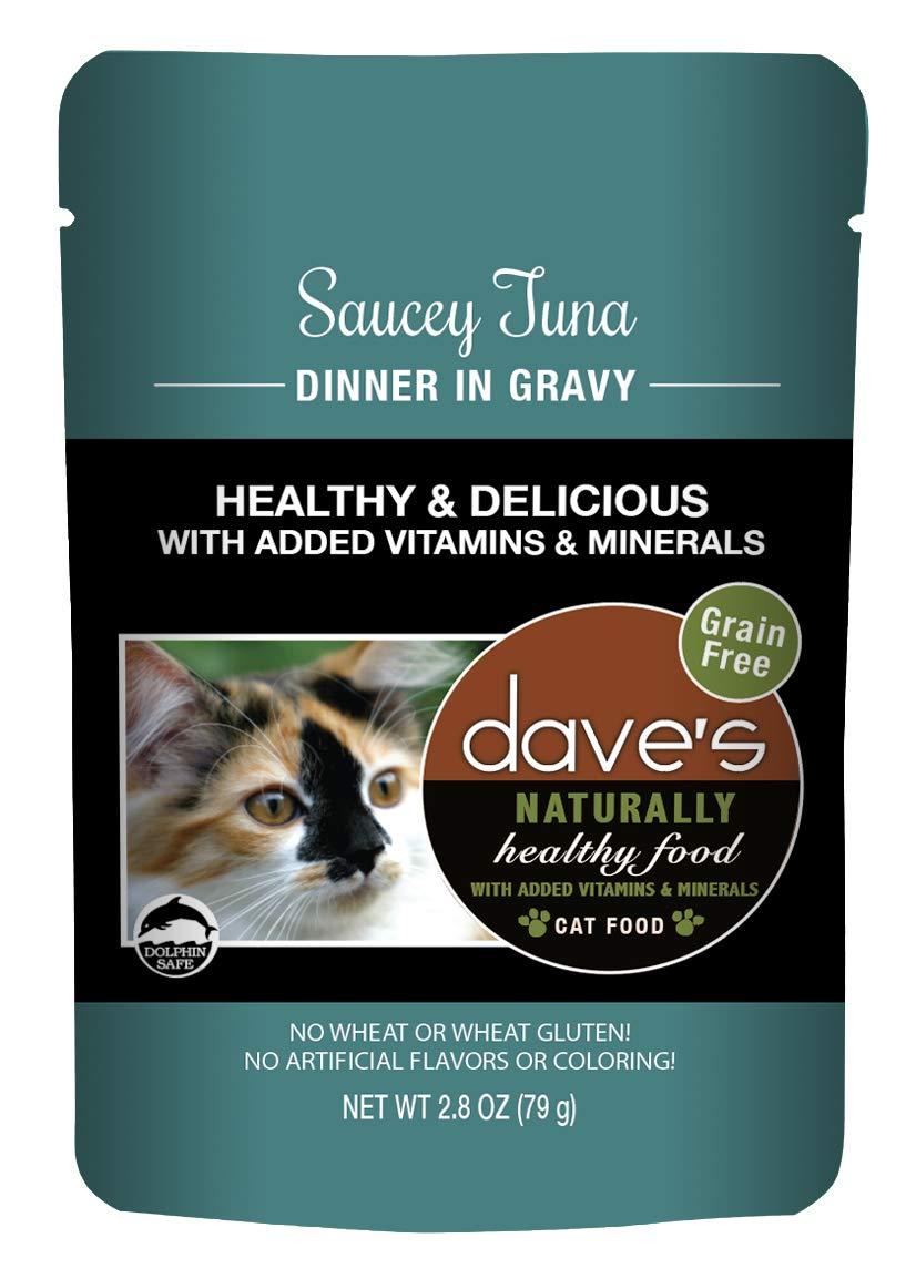 Dave\\\'s Pet Food Naturally Healthy Wet Cat Food Pouches, Saucey Tuna Dinner In Gravy, 2.8oz Pouches, 24 Count, Made in the USA