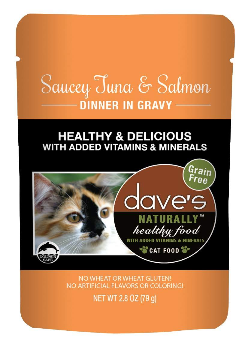 Dave\\\'s Pet Food Naturally Healthy Wet Cat Food Pouches, Saucey Tuna & Salmon Dinner In Gravy, 2.8oz Pouches, 24 Count, Made in the USA