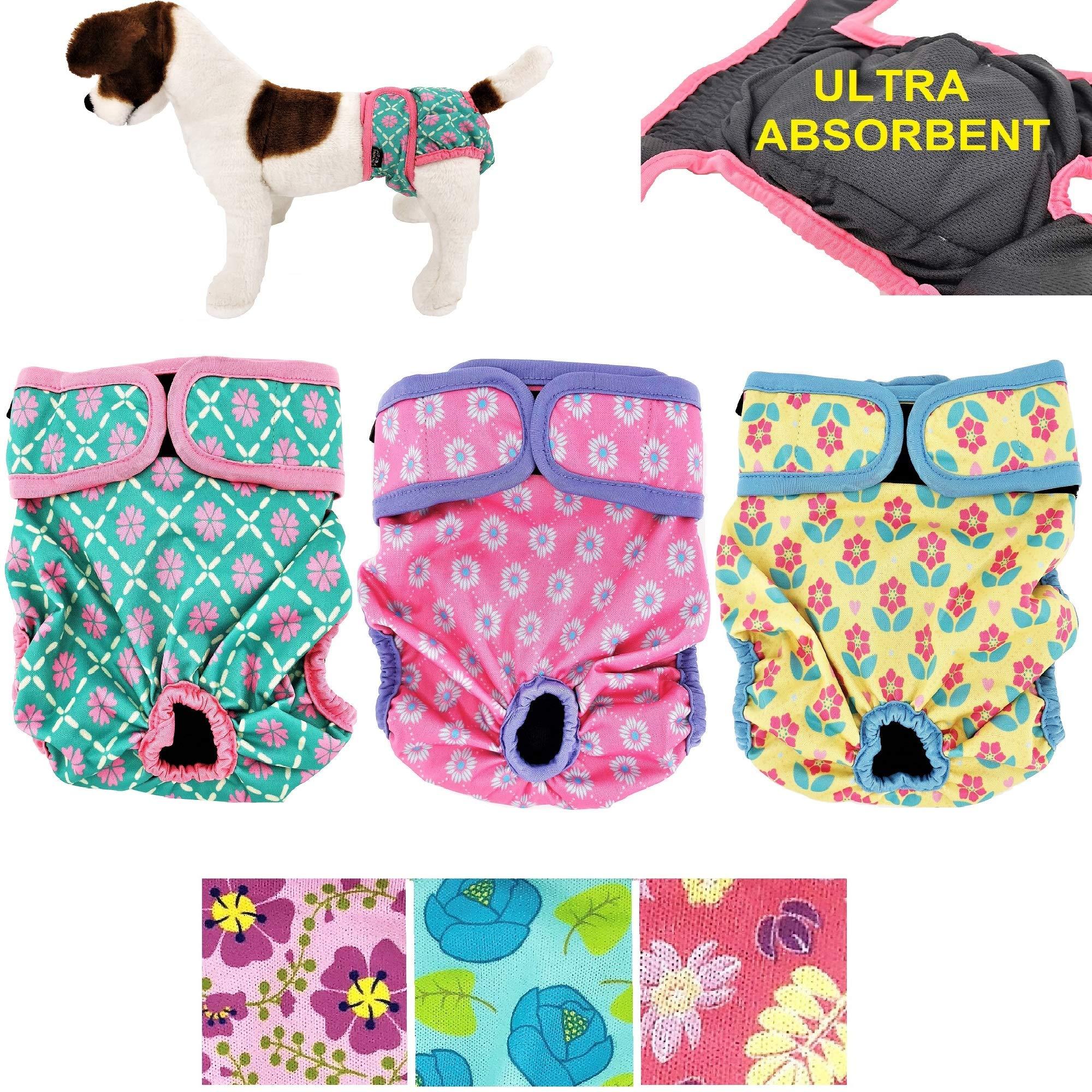 Pack of 3 Female Dog Diapers with 4 - Layers of Absorbent Pads Cat Panties Waterproof Leak Proof Washable (L: Waist 20\\\