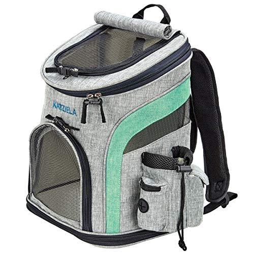 Katziela Pet Carrier Backpack - for Small Dogs and Cats - Water Bottle, Waste Bag and Storage Pouches, 3 Mesh Windows, Leash Hook - 3 Option Top: Open, Mesh or Shade - Bonus: 2 Poop Bag Rolls - Green