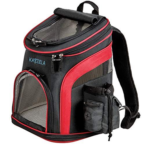 Katziela Pet Carrier Backpack - for Small Dogs and Cats - Water Bottle, Waste Bag and Storage Pouches, 3 Mesh Windows, Leash Hook - 3 Option Top: Open, Mesh or Shade - Bonus: 2 Poop Bag Rolls - Red