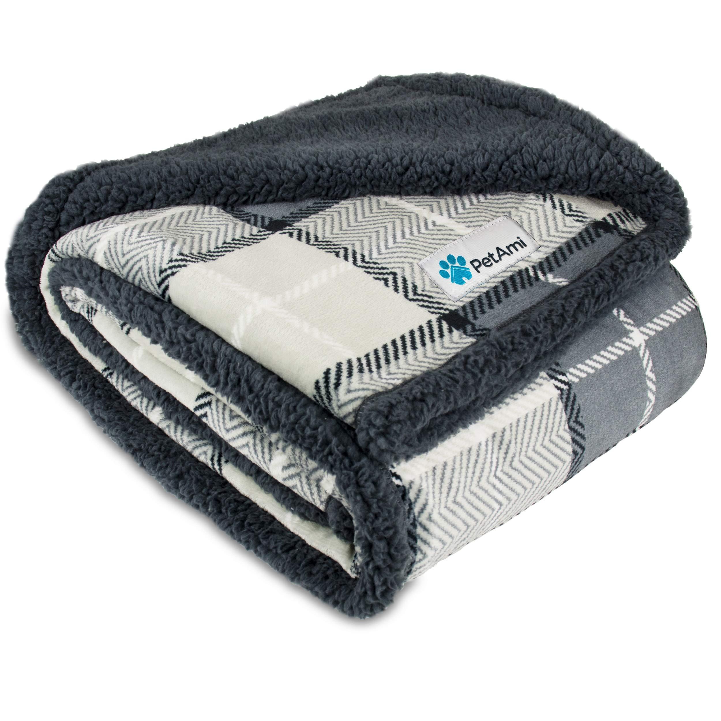 PetAmi WATERPROOF Dog Blanket for Bed Couch Sofa | Waterproof Dog Bed Cover for Large Dogs Puppy | Checkered Grey Sherpa Fleece Pet Blanket Furniture Protector | Reversible Microfiber 80x60 (Charcoal)