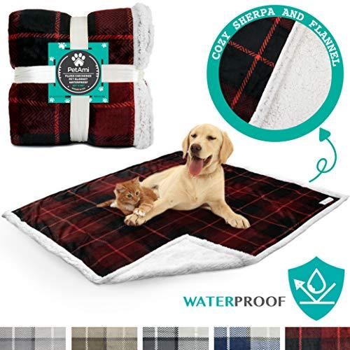 PetAmi Waterproof Dog Blanket for Couch, Sofa | Waterproof Sherpa Pet Blanket for Large Dogs, Puppies | Super Soft Washable Microfiber Fleece | Reversible Checkered Design | 60 x 40 (Red)