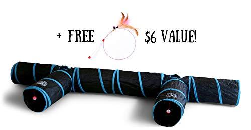 Feline Ruff Premium 3 Way Cat Tunnel. Extra Large 12 Inch Diameter and Extra Long. A Big Collapsible Play Toy. Wide Pet Tunnel Tube for Other Pets Too! (3 Way Two Pack + Teaser Wand!)