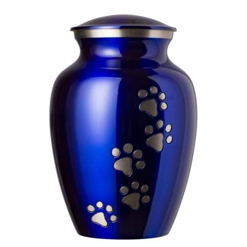Best Friend Services Pet Urn - Ottillie Paws Legacy Memorial Pet Cremation Urns for Dogs and Cats Ashes Hand Carved Brass Memory Keepsake Urn (Medium, Pure Blue, Vertical Pewter Paws)
