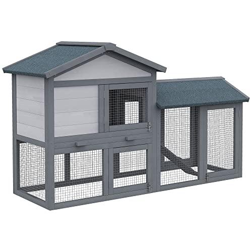 PawHut Rabbit Hutch Indoor, Wooden Bunny Hutch, Guinea Pig Cage, Small Animal Enclosure with Run Area, Removable No Leaking Tray, Asphalt Roof, Lockable Doors and Ramp, Gray