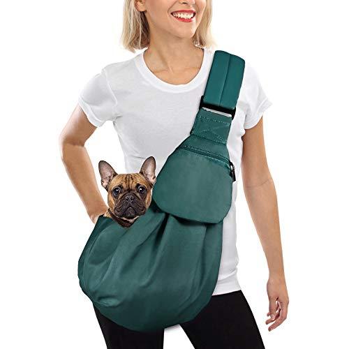 AUTOWT Dog Padded Papoose Sling, Small Pet Sling Carrier Hands Free Carry Adjustable Shoulder Strap Reversible Tote Bag with a Pocket Safety Belt Dog Cat Traveling Subway (5-12lbs, Green)