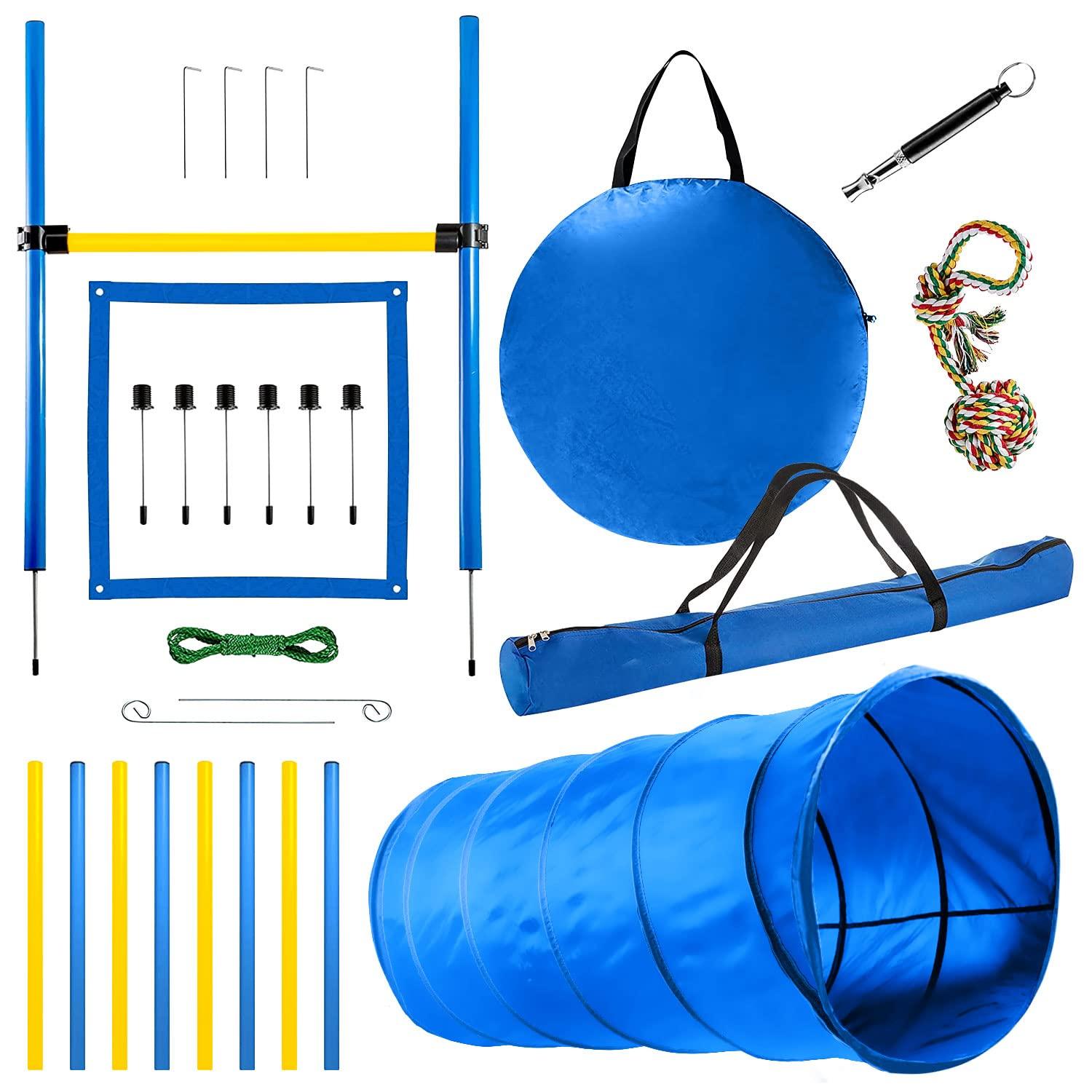 CHEERING PET Dog Agility Training Equipment, 28 Piece Dog Obstacle Course, Training and Interactive Play Includes Dog Tunnel, Adjustable Hurdles, Poles, Whistle, Rope Toy with Carrying Case