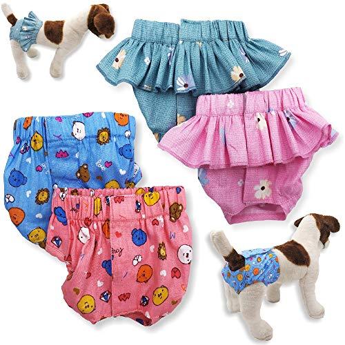 FunnyDogClothes Pack of 4 Dog Female Diapers Sanitary Pants and Skirts Cotton for Small Pet Cat (Pack of 4 - Skirts & Pants, S: Waist: 10\\\