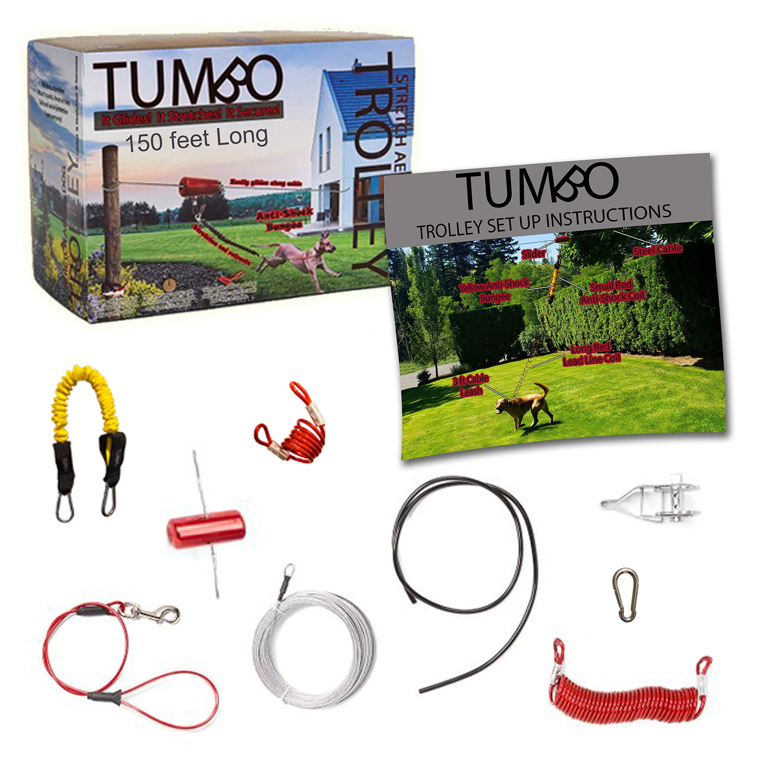 Tumbo Trolley 150 ft Dog Containment System - Solid Slider with Stretching Coil Cable with Anti-Shock Bungee (Safer and Less tangles) Aerial Dog Tie Out