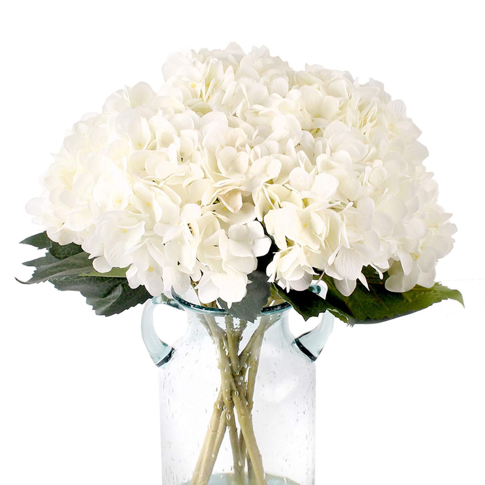 Kimuras Cabin Fake White Flowers Artificial Silk Hydrangea Flowers Bouquets Faux Hydrangea Stems 6Pcs For Home Table Centerpieces Wedding Party Decoration (White)