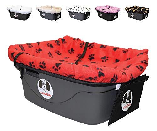 FidoRido Dog Car Seat - Pet Booster Car Seat with Red with Black Paw Prints Fleece Cover, Small Harness and Straps - Durable Plastic Base, Comfortable Cushions, Easy to Install and Clean