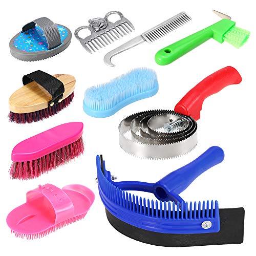 Explopur Horse Grooming Tool Set - 10-in-1 Mane Tail Comb Massage Curry Brush Sweat Scraper Hoof Pick Curry Comb Scrubber Cleaning Kit
