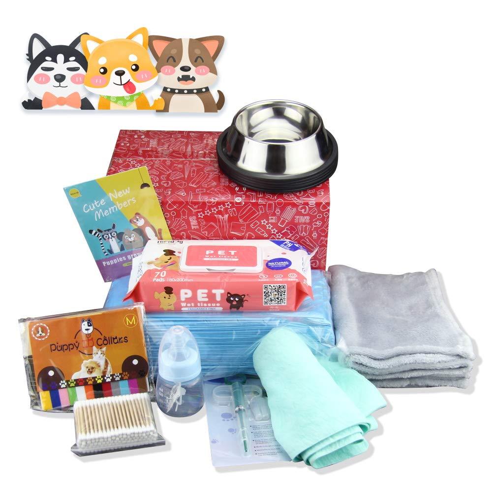 9 in 1 Puppy Complete Whelping Pet Supply Nursing Kit for Newborn Dogs Cats Record Charts 12 Color ID Collars Underpad Coral Fleece Blanket Absorbent Towel Feeding Bottle Bowl Wipes All in One Set