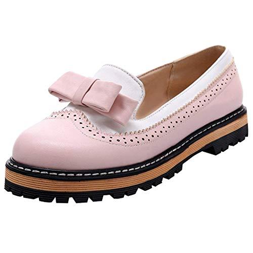 Frunalte Women\\\'s Slip-on Comfortable Solid Color Low Heel Round Toe Bowknot Casual Oxfords Leather Shoes Single Shoes Pink