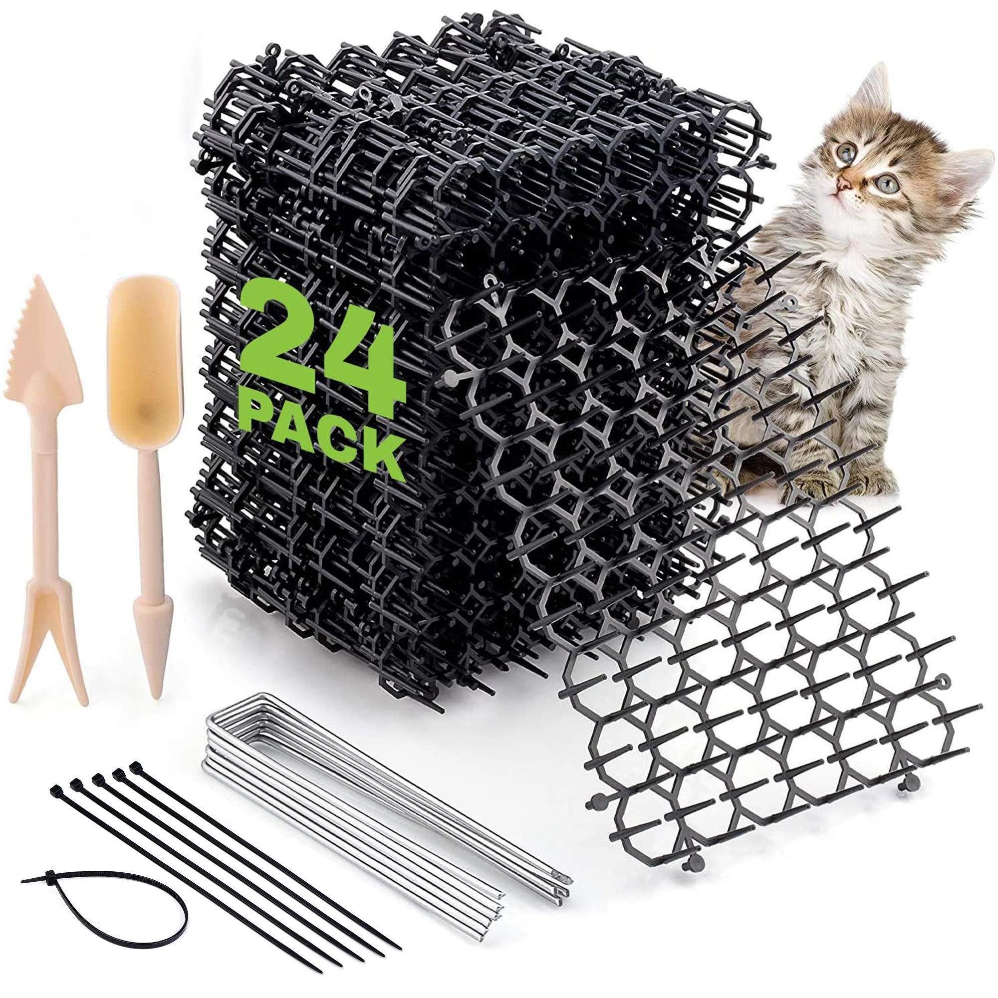 Cat Scat Spike Strips (24Pack) - Pet and Dog Deterrent Prickle Mat for Garden, Porch, Home - Effective, Non-Invasive and Safe - Easy to Install - Includes 6 Garden Pegs, 12 Ties and 2 Gardening Tools