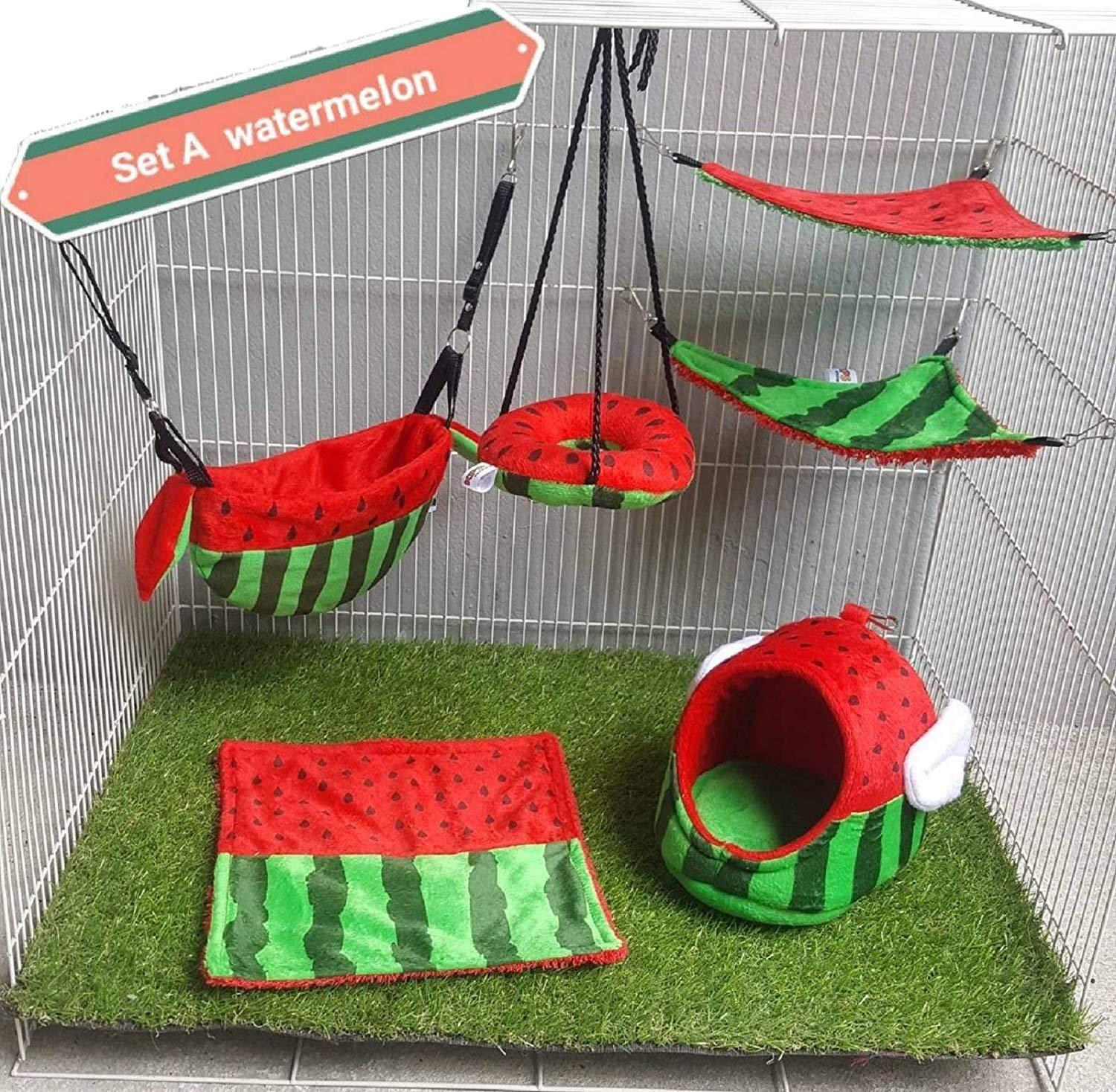 6 Pieces/Set Cage Nest Set for Sugar Glider, Hamster, Squirrel, Marmoset, Chinchillas, Small Exotic Pet Cage Set A Watermelon Pattern Green Red Color