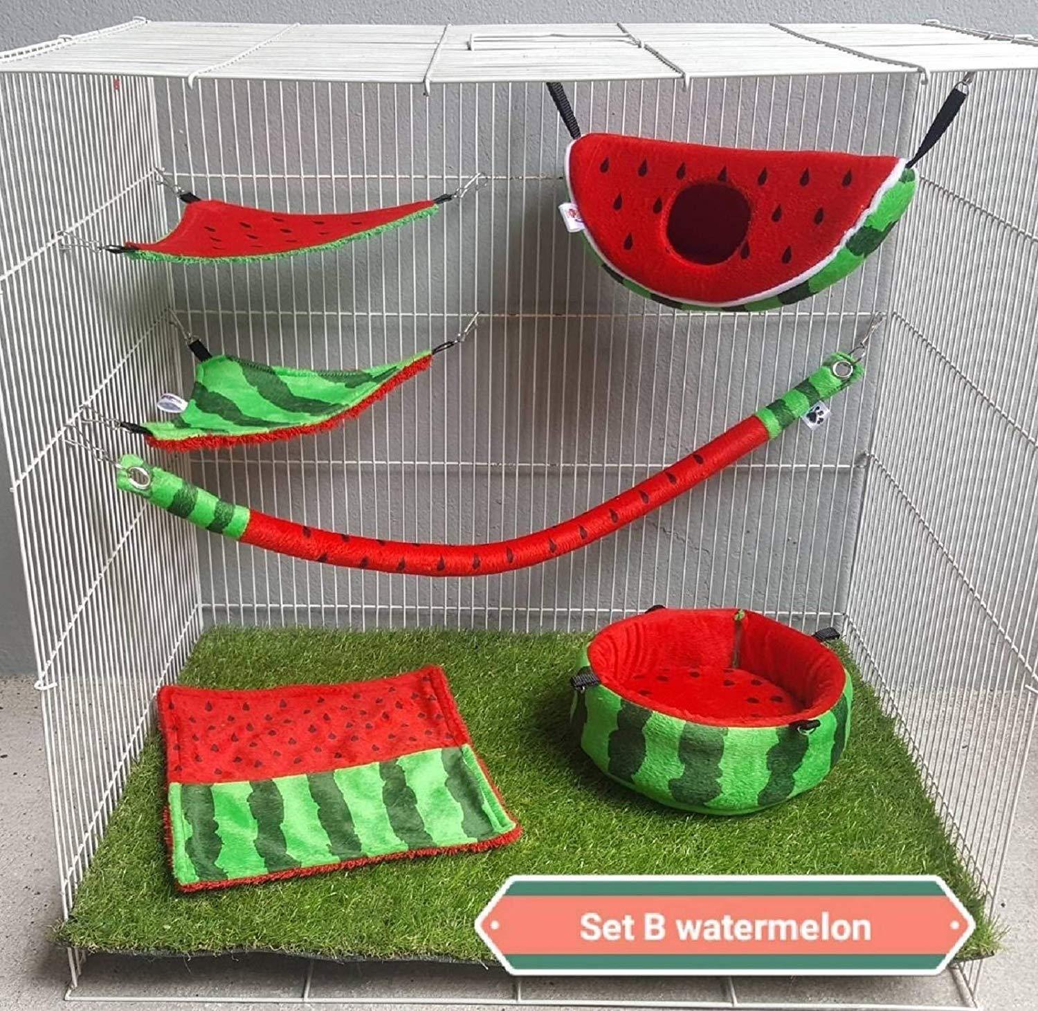 6 pieces/Set Cage Nest Set for Sugar Glider, Hamster, Squirrel, Marmoset, Chinchillas, Small Exotic Pet Cage Set B Watermelon Pattern Green Red Color