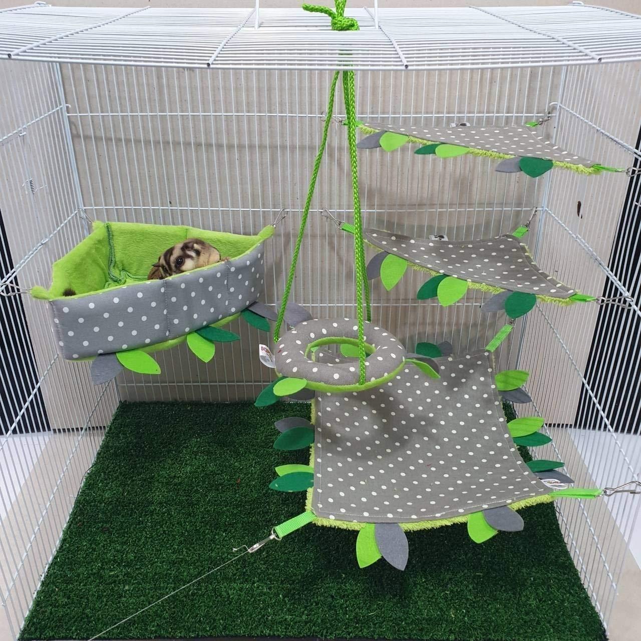 5 pieces/Set Cage Nest Set for Sugar Glider, Hamster, Squirrel, Marmoset, Chinchillas, Small Exotic Pet Cage Set Green & Grey Color